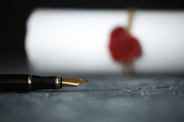 Notary's public pen and stamp on testament and last will. Notary public tools