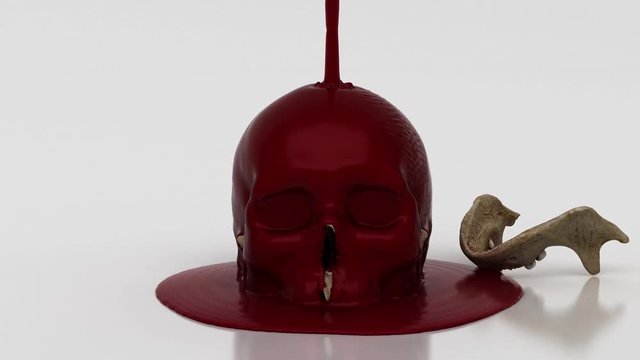 Human skull with separate jaw covered by a jet of blood flowing from above on white background, halloween, 3d rendering, 3d illustration