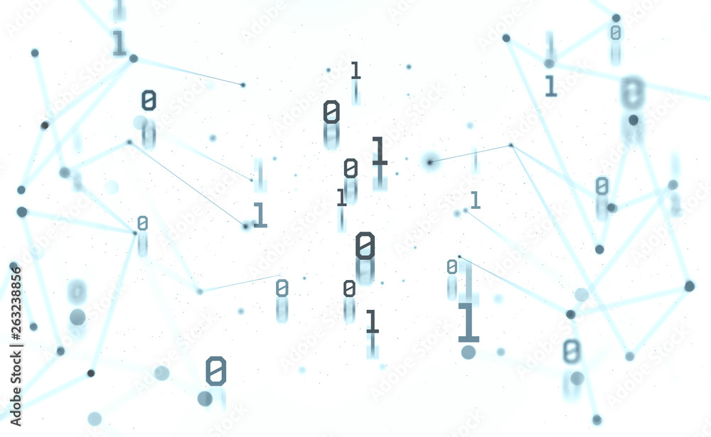 Poster Binary code. Units and zeros in the global cyberspace network. 3D illustration on digital technology