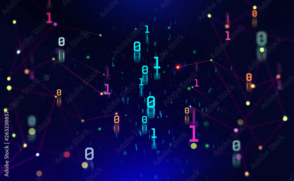 Poster Binary code. Units and zeros in the global cyberspace network. 3D illustration on digital technology