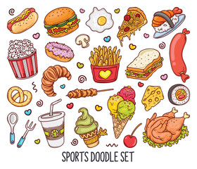 Hand drawn set of Color Food doodles in vector
