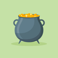 Pot of gold coins isolated on green background. Cauldron flat style icon. Vector illustration.