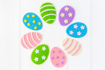 Cute easter holiday background. Horizontal flatlay top view color photography.