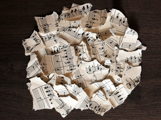 Torn musical notes, pieces of paper top view