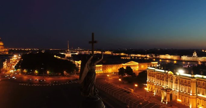 Aerial view on Alexander column and Palace Square in Saint-Petersburg in Russia. The center of the city. Sightseeing.