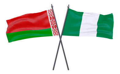 Belarus and Nigeria, two crossed flags isolated on white background. 3d image