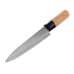 Japanese steel kitchen knife with bamboo handle isolated on white background . Chef's knife....