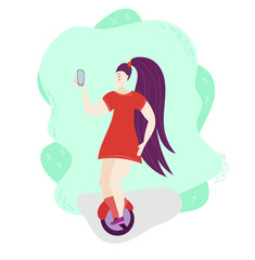 Girl with phone making selfie on Hoverboard Vector. Riding On Gyro Scooter. Outdoor Activity. One-Wheel Electric Self-Balancing Scooter. Isolated flat trendy modern style Illustration