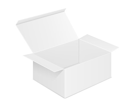 Vector realistic image (mock-up, layout) of blank (clean) open rectangular paper box. View in perspective. Isolated on white. The image was created using gradient mesh. Vector EPS 10.