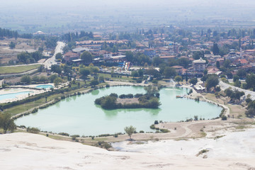 Fototapeta premium Pamukkale, Turkey. View of the white salt terraces. Near Denizly town and antique city Hierapolis