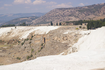 Pamukkale, Turkey. View of the white salt terraces. Near Denizly town and antique city Hierapolis