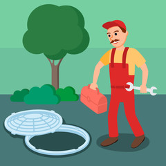 Male Plumber in Uniform with Toolbox and Spanner