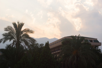 View of sky, mountains and buildings. Kemer, Turkey. Antalya coast