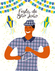 Festa Junina poster with a musician playing triangle, lanterns, bunting, Portuguese text Festa de Sao Joao. Hand drawn vector illustration. Flat style design. Concept Brazilian holiday banner, flyer.