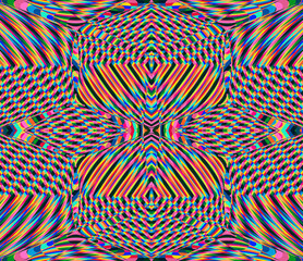 Color seamless pattern with hypnotic trance texture. Multicolored glitched background. Op art unique bright kaleidoscope. Psychedelic trippy art.