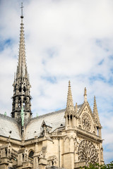 Fototapeta na wymiar PARIS, NOTRE DAME: On the roof of the central nave, a tall spire was raised in 1860 called the Flèche, completely destroyed during the fire of 15 April 2019. France