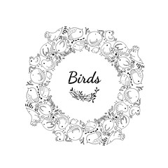 Vector wreath with birds. Illustration in Doodle-style ink