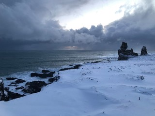 Londrangar basalt cliffs on the southern coast of Snæfellsnes peninsula in the winter in Iceland