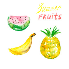 Set of hand painted watercolor summer tropical fruits, isolated on white background. Simple painting of fresh banana, pineapple and watermelon. Collection of exotic food.