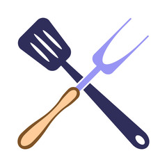 Meat fork and fry shovel crossed isolated