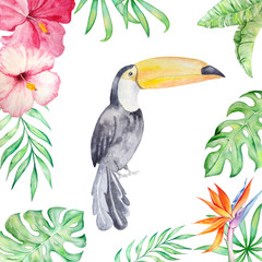watercolor toucan with flowers