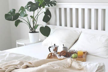 Morning Breakfast in bed. Coffee, croissants, fresh orange juice.