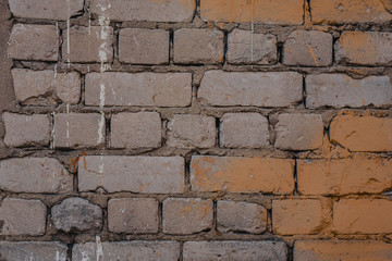 Background of old vintage dirty brick wall with peeling plaster, texture