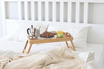 Morning Breakfast in bed. Coffee, croissants, fresh orange juice.