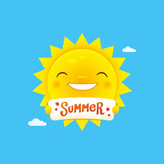 Cute sun cartoon character holding sign with summer text written on it, vector illustration