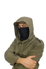 Criminal wearing mask isolated on white