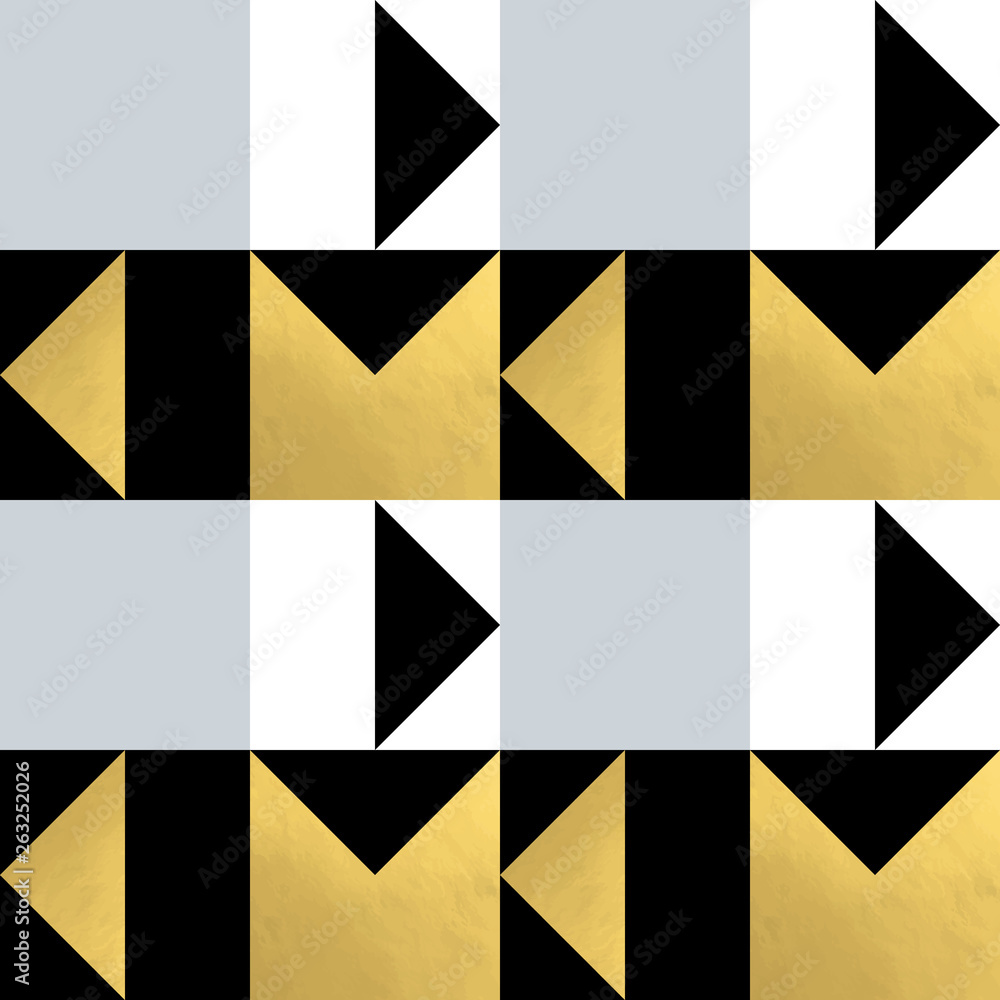 Poster Festive triangle and square geometric shapes background. Abstract mosaic vector seamless pattern in pastel and golden colors. Christmas , new year, carnival, party, celebration wrapping paper concept.