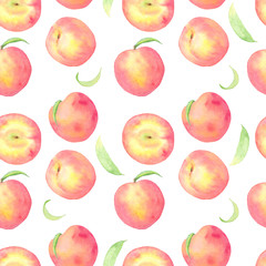 Watercolor hand drawn seamless pattern with peaches perfect summer fruit and leaves isolated on white background