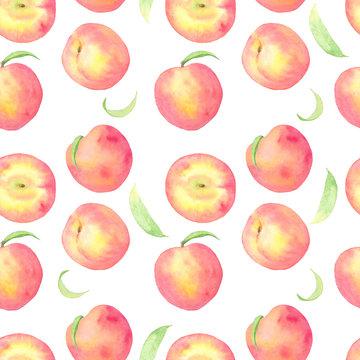 Watercolor hand drawn seamless pattern with peaches perfect summer fruit and leaves isolated on white background