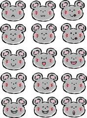 ねずみ表情セット　顔のみ　筆タッチ