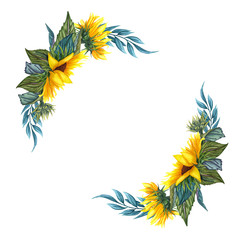 Watercolor floral wreath with sunflowers,leaves, foliage, branches, fern leaves and place for your text.