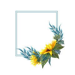 Watercolor floral wreath with sunflowers,leaves, foliage, branches, fern leaves and place for your text.