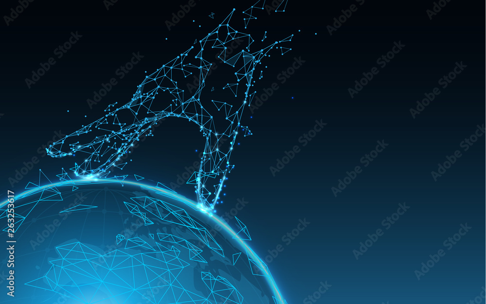 Aufkleber hand touching fingers on the earth from lines, triangles and particle style design. illustration vec