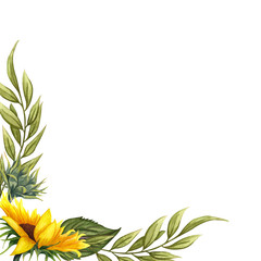 Fototapeta na wymiar Watercolor floral wreath with sunflowers,leaves, foliage, branches, fern leaves and place for your text.