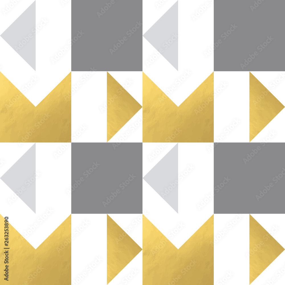 Poster Festive triangle and square geometric shapes background. Abstract mosaic vector seamless pattern in pastel and golden colors. Christmas , new year, carnival, party, celebration wrapping paper concept.