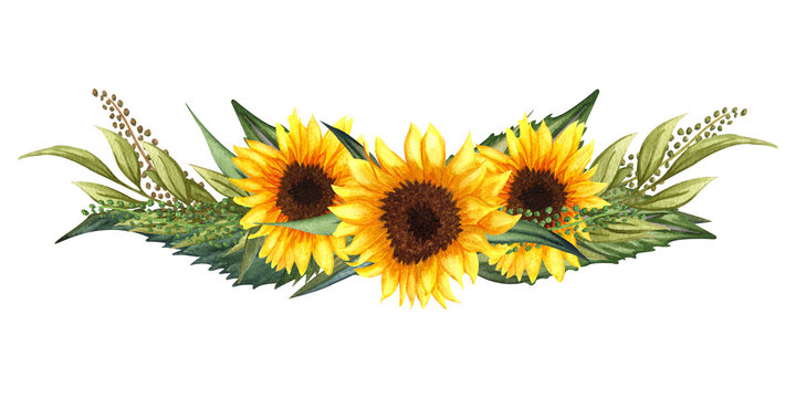 Watercolor floral wreath with sunflowers,leaves, foliage, branches, fern  leaves and place for your text. Stock Illustration | Adobe Stock