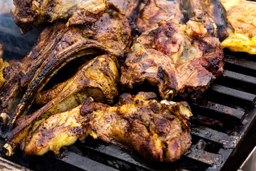 Barbecue dinner. Grilled lamb meat chops. muslim food