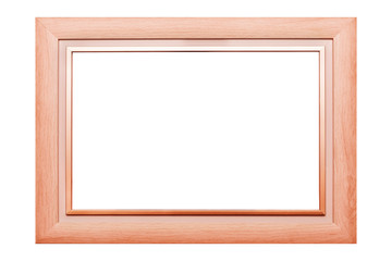 Pink wooden frame for photographs on a white background