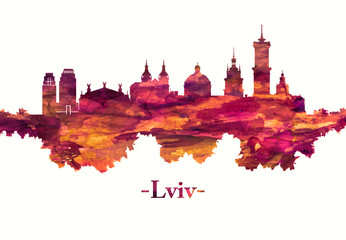 Fototapeta premium Lviv Ukraine skyline in red