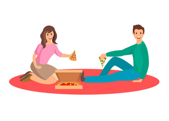 Couple Eating Pizza on Picnic Flat Illustration