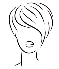 Silhouette of the head of a cute lady. The girl shows the hairstyle bob care with short and medium hair. Suitable for logo, advertising. Vector illustration.