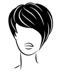 Silhouette of the head of a cute lady. The girl shows the hairstyle bob care with short and medium hair. Suitable for logo, advertising. Vector illustration.