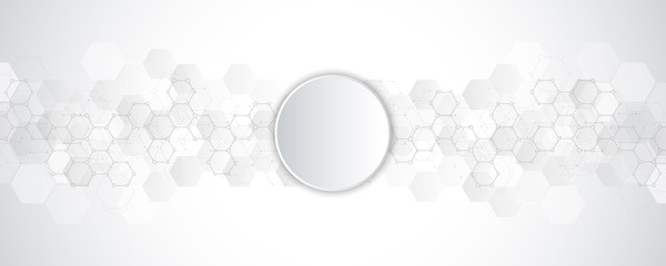 Abstract background of science and innovation technology. Technical background with hexagons pattern and molecular structures.