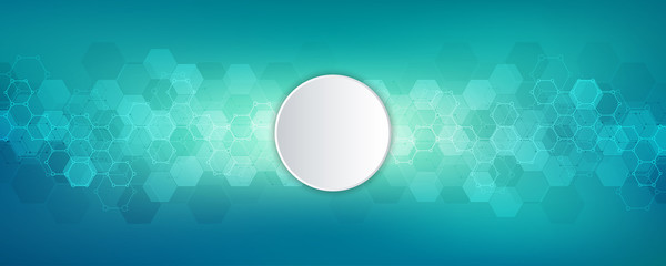 Abstract background of science and innovation technology. Technical background with hexagons pattern and molecular structures.