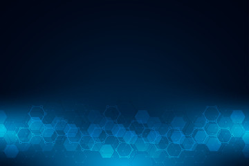 Abstract background of science and innovation technology. Technical background with hexagons pattern and molecular structures.