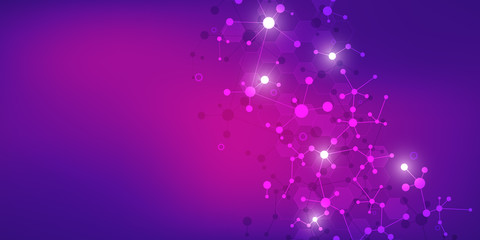 Obraz premium Abstract technology and innovation background with molecular structures and neural network. Molecules DNA and genetic engineering. Technical and scientific concept.